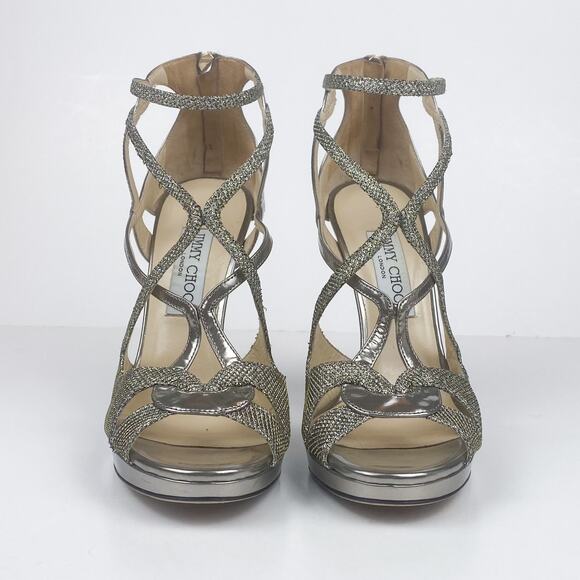 Jimmy Choo Metallic Sparkle & Leather Vermeil Caged Strappy Heel Sandals - Picture 4 of 10